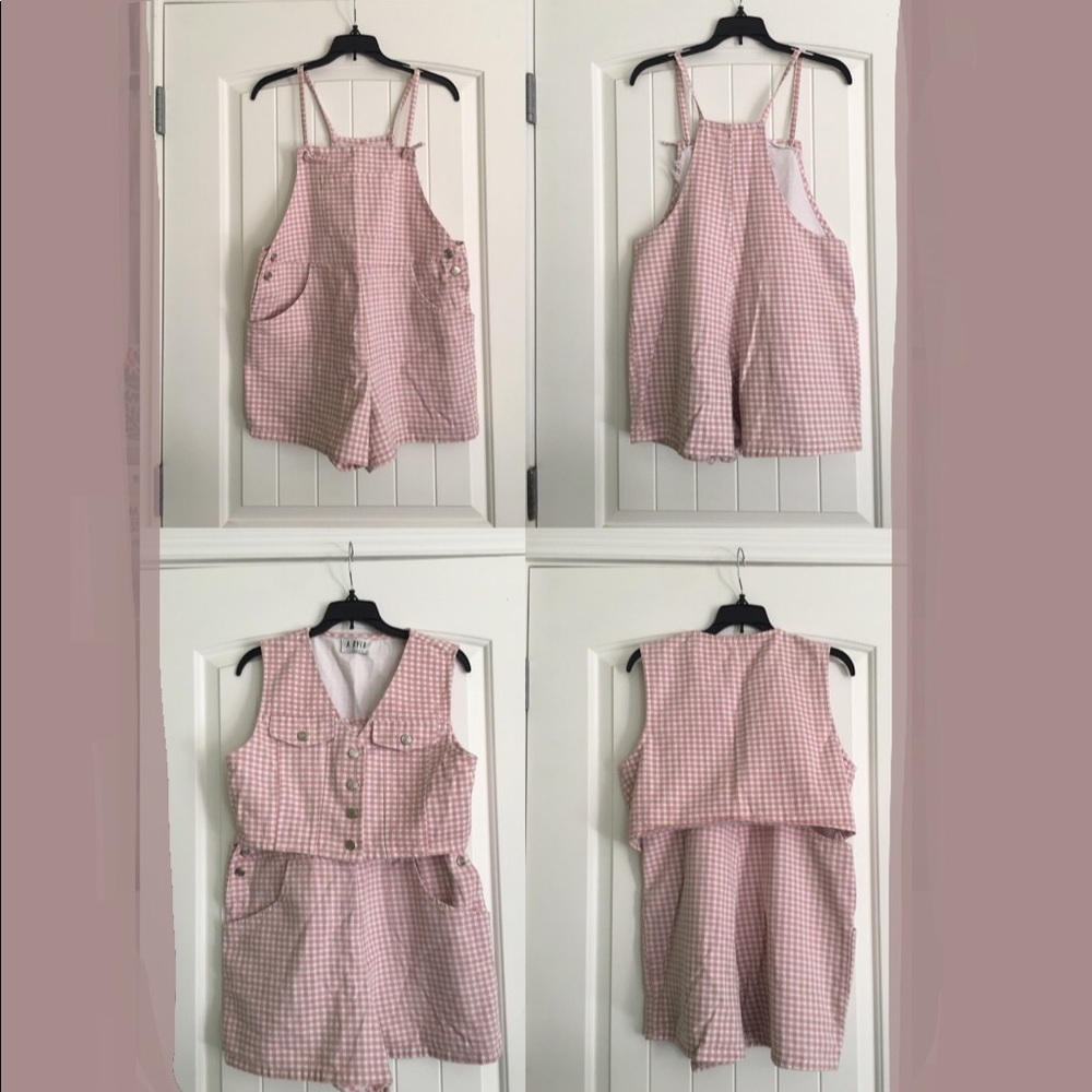 Baby pink and white plaid short overalls